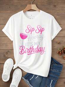 Women's T-Shirts, Casual Short Sleeve Round Neck Printed T-Shirt, "Sip Sip Hooray Its My Birthday" Design, Gift For Her At Beach Parties, Summer Celebrations, Christmas Parties, Sports Activities, Holidays And Other Festive Events (220G). - 白色 - 查看 2
