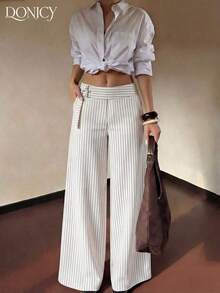 Pantalones anchos de rayas azul marino de moda para mujer, tela con caída, detalles de botón de metal de cintura alta, adecuados para la oficina y ocasiones casuales - Blanco - Ver 3