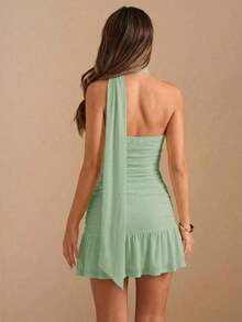 Vestido mini con volantes en el bajo, color amarillo sólido - verde menta - Ver 2