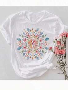 Camisa de Botones con Mandala, Camia Floral con Mandala, Blusa Floral de Primavera, Regalos para Ella, Camisa de Flores, Regalo para Tienda de Flores, Camia para Mujer, Regalo para Novia, Transpirable y cómoda. - Blanco - Ver 1