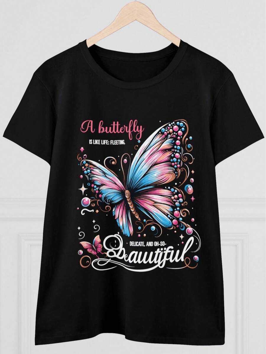 Camiseta de Mujer Mariposa Cómoda Cuello Redondo Casual Mezcla de Algodón Manga Corta Suave y Transpirable Top Ropa de Mujer Camiseta Verano Primavera Streetwear Tela - Negro - Ver 1