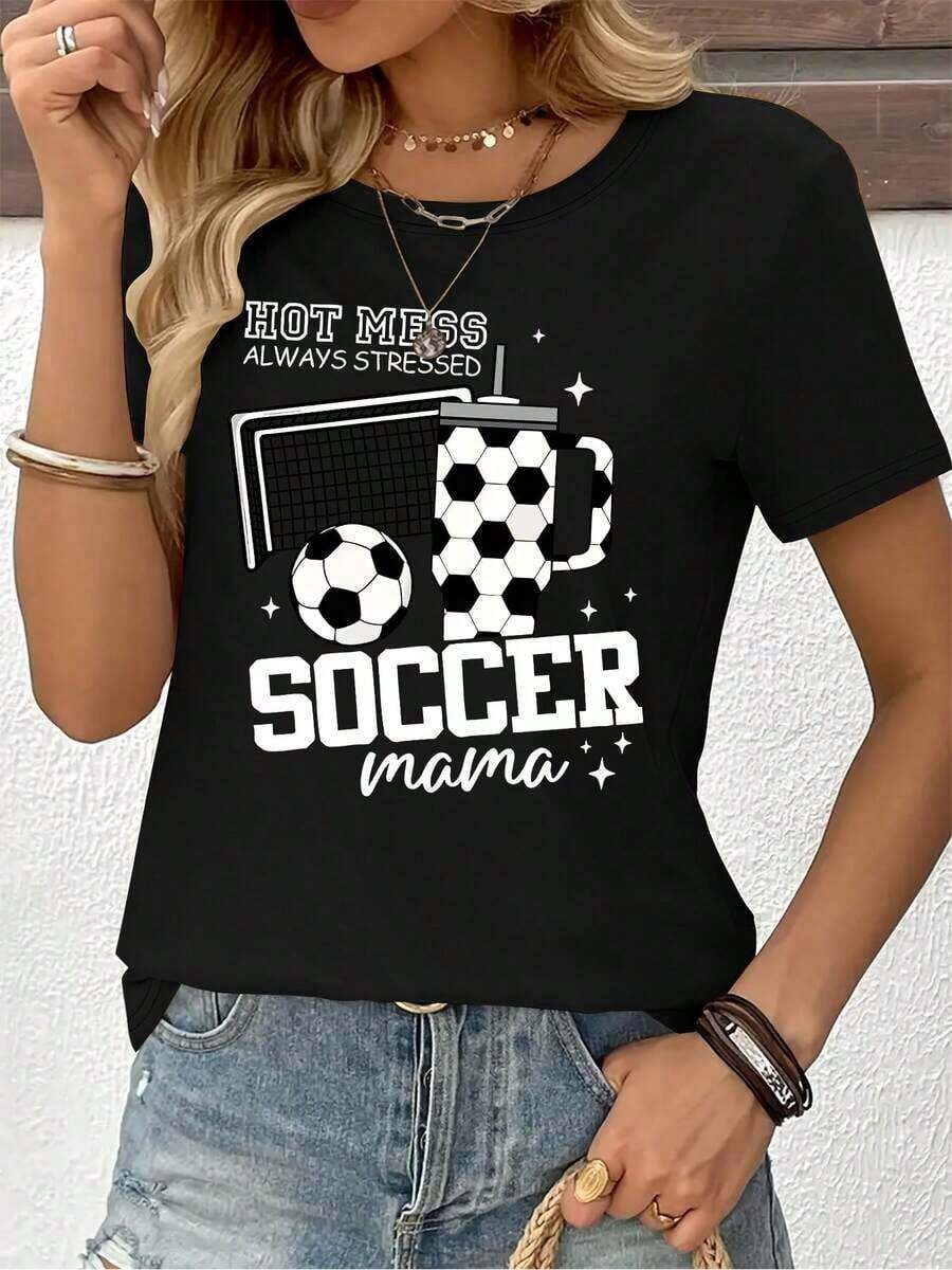 Graphic Print T-Shirt, Short Sleeve Crew Neck Casual Top For Summer & Spring, Women's Clothing - Negro - Ver 1