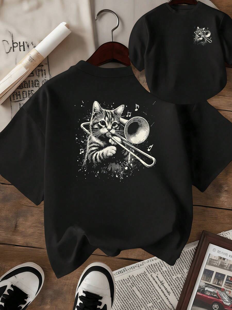 Gato tocando trombón rodeado de notas musicales simboliza la alegría artística y la energía creativa expresada con humor y ternura camiseta de mujer estampado doble cara casual moderna - Negro - Ver 1