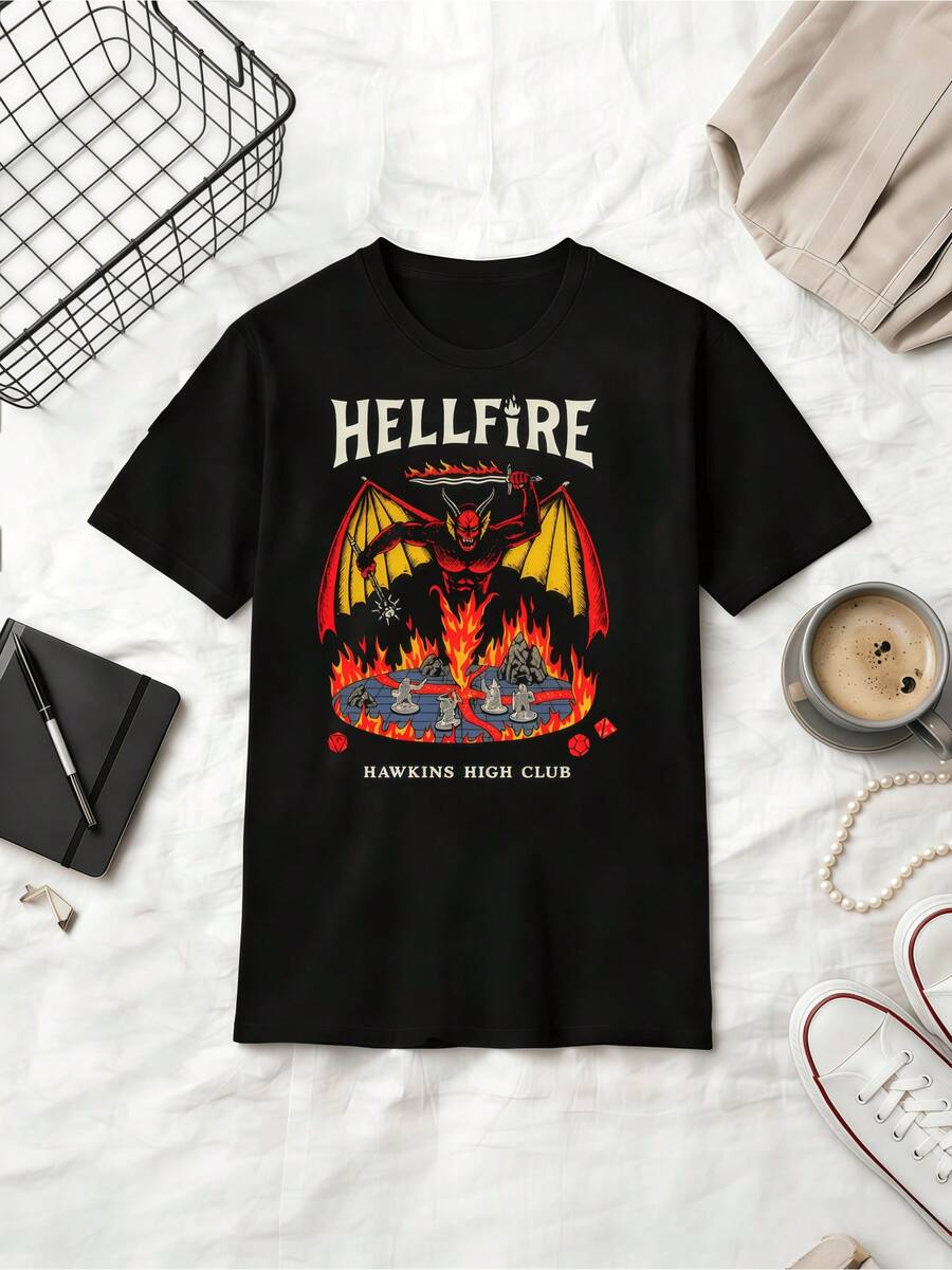 Demon Illustration Retro Cotton Summer Short Sleeve T-Shirt - Black - View 1