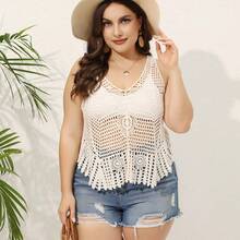 Plus-Size Women's V-Neck Hollow-Out Beach Cover-Up Top - Off White - View 2