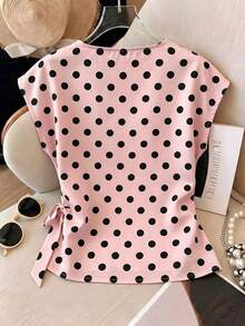 Nueva camiseta de satén de verano para mujer con cuello redondo y lunares elegante - Rosa - Ver 2