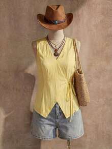 Chaleco estilo BOHO casual de estilo campestre estadounidense en color crema amarillento, con tirantes delgados, adecuado para maestras, oficina, viajes, con aspecto vintage.Blusa de verano para mujer en color amarillo claro, top de verano para mujer, top con lazo amarillo, top envolvente amarillo, top cruzado para mujer, top de verano para mujer de estilo occidental, para maestras de campo - Amarillo - Ver 2