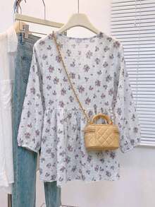 Blusa de mujer con cuello en V de gasa con estampado floral romántico, manga farol, corte holgado y silueta favorecedora, adecuada para uso casual, de calle y de oficina en vacaciones de verano - Celeste - Ver 4