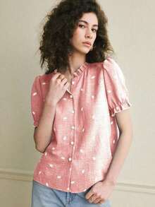 Camisa azul de mujer con cuello con volantes, mangas de pétalos y textura de tela suave, estilo francés casual de vacaciones, primavera/verano - Rosa Pálido - Ver 4