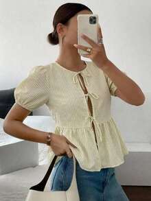 Camisa de mujer de cuello redondo de manga corta, camisa con estampado de cebra con lazo y manga abullonada, blusa de verano de cuello en V con volantes y manga abullonada de corte regular y ajuste casual para uso diario, blusa casual de estampado de animal de manga corta para primavera/verano - Albaricoque - Ver 4