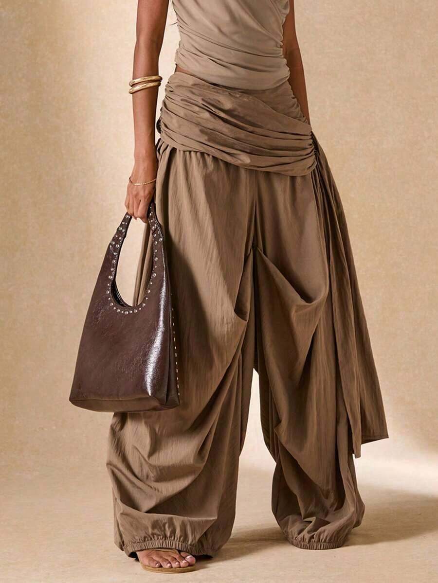 Pantalones sueltos y plisados de unicolor para uso diario de mujer - Caqui - Ver 1