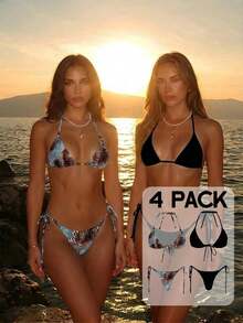 Conjunto de bikini con estampado de teñido anudado para mujer, traje de baño de mujer con decoración de concha iridiscente sexy para fiestas y festivales de música, atuendo de playa de vacaciones para mujer - Blanco - Ver 9