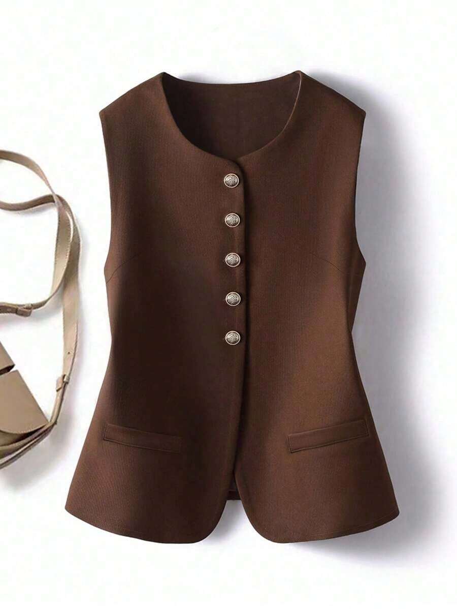 Cárdigan de cuello redondo elegante y casual de estilo vintage para mujer - Marrón - Ver 1