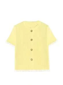 Top de Punto Beige con Botones en la Manga para Mujer, Elegante Suéter Casual de Manga Corta, Ideal para Citas y Uso Diario - Blanco y Negro - Ver 11