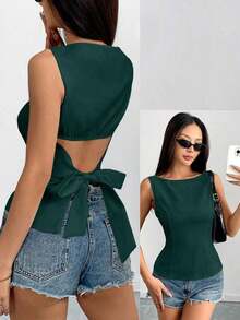 Camisa sin mangas con lazo en la espalda de unicolor, elegante, casual, sexy y minimalista para uso en la oficina y negocios para mujeres, primavera/verano - Verde Oscuro - Ver 9