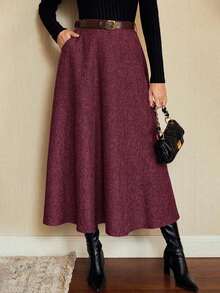 DECDS Falda elegante vintage para mujer con bolsillos y cinturón a cuadros, falda casual de vacaciones, falda gris de otoño, invierno y Navidad, falda para invitada de boda - Burdeos - Ver 3