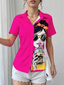Blusa de mujer con estampado de chica de moda, manga corta y abotonadura, top de manga corta - Rosa Fucsia - Ver 4