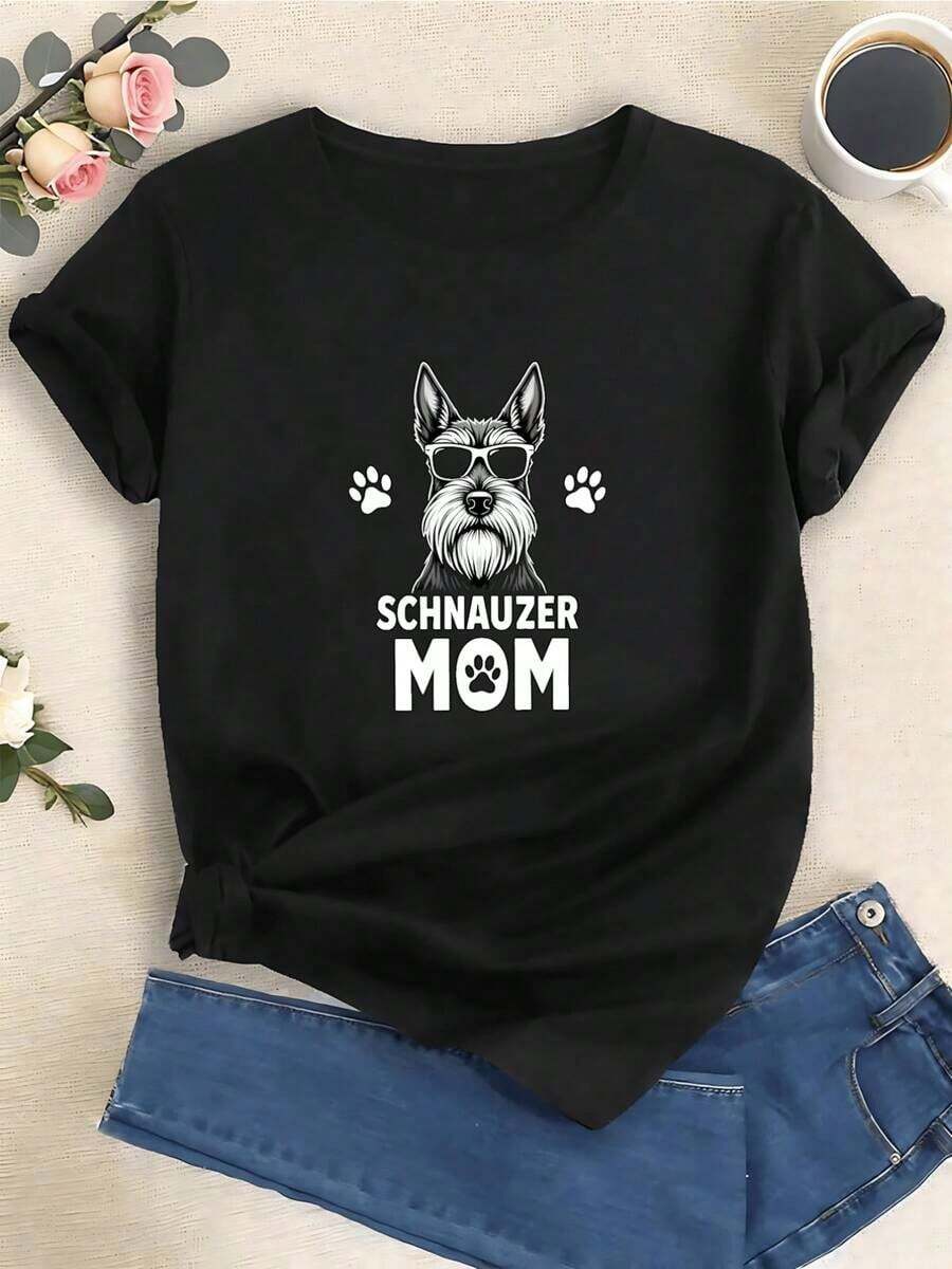 Camiseta de mujer moderna, informal, para fiestas y para estar en casa, 100% algodón, corte holgado. Playera de mujer de algodón 100% con estampado divertido de perro Schnauzer, manga corta, estilo casual moderno, cuello redondo, ideal para amantes de mascotas y uso diario - Negro - Ver 1