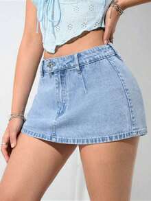 Falda mini de mezclilla lavada informal para mujer - Lavado ligero 2 - Ver 6