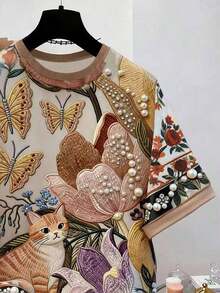Camiseta de manga corta con cuello redondo y estampado floral, verano - Multicolor 2 - Ver 4