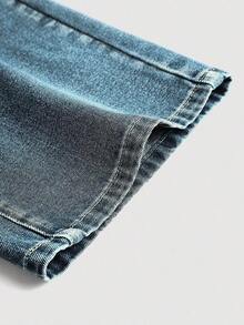 Jeans sencillos de uso diario con estampado de bigotes de gato para niñas adolescentes - Azul lavado medio 2 - Ver 4