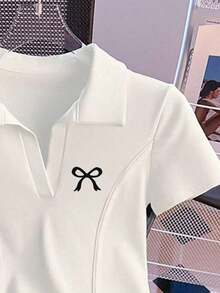 Camiseta de mujer casual de manga corta con cuello polo, estampado de caballero a rayas y contraste de color - Blanco 3 - Ver 3