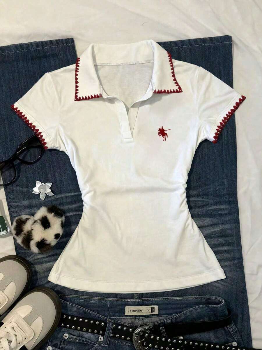 Camiseta casual de mujer con ribete de contraste y cintura fruncida, para verano - Blanco - Ver 1