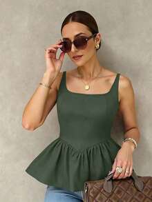Camiseta de tirantes plisada marrón para mujer (elástico de 4 vías) - Verde - Ver 4