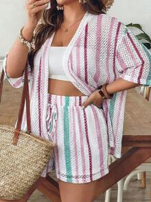 VCAY Conjunto de 2 piezas de camisa y shorts a rayas azules y blancas para mujer de talla grande, ropa de verano para vacaciones en la piscina, estilo boho chic, ropa de mujer, conjuntos para brunch, ropa para el aeropuerto, ropa para vacaciones en la playa, ropa para escapadas urbanas, ropa de vacaciones, ropa occidental para mujer, ropa occidental para mujer, conjuntos de verano europeos para vacaciones en la isla, conjuntos para luna de miel, conjuntos de estilo Old Money South Beach, conjuntos de la  de Amalfi, conjuntos de encaje, top de encaje. - Multicolor 3 - Ver 6