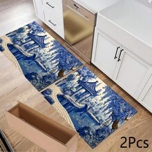 1件复古蓝色风景亭子印花吸水垫/干燥垫，适用于咖啡机、餐具 - 吸水性强的聚酯纤维桌面保护垫，带橡胶防滑垫，可用于厨房台面装饰、家庭酒吧和餐桌。 - 彩色 - 查看 11