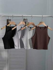 Conjunto de 4 piezas para mujer: Camiseta sin mangas a rayas en blanco y negro, cereza casual para vacaciones, versátil y sexy para el verano y el regreso a la escuela - Multicolor 9 - Ver 7