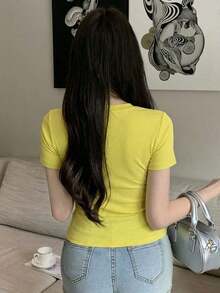 Camiseta de manga corta de unicolor casual para mujer, verano - Amarillo 2 - Ver 4