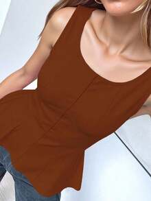1 pieza Blusa informal de punto de unicolor con volante, verano - Marrón - Ver 3