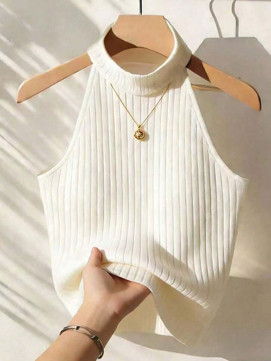 Blusa de unicolor con cuello halter, versátil para uso diario - Blanco - Ver 1