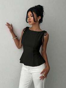 1 pieza Blusa informal de punto de unicolor con volante, rosa de verano - Negro 2 - Ver 5