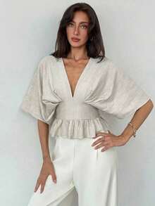 Blusa de manga de murciélago de unicolor elegante para mujer, de verano - Albaricoque - Ver 4