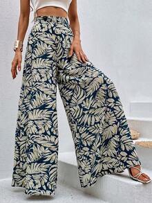 Pantalones de pierna ancha con estampado tropical - Burdeos - Ver 10