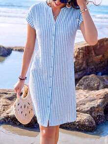 Vestido camisero de verano para mujer, de manga corta, cuello en V y rayas, hasta la rodilla, vestidos de verano para mujer, vacaciones - Celeste - Ver 6
