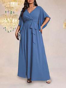Vestido maxi elegante de fiesta con abertura, cuello en V ajustado, mangas acampanadas y cintura fruncida, talla grande para mujer - Niebla azul - Ver 6