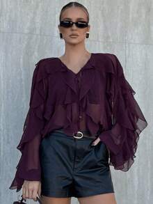 Blusa elegante de mujer con cuello en V, abotonada, de manga larga, con decoración laminada, color liso, Primavera 2025 - Rosa Roja - Ver 1
