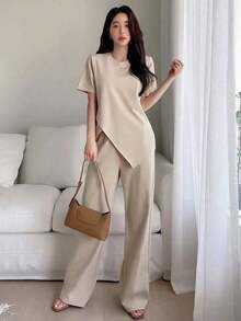 1 Conjunto de Camiseta de Manga Corta Asimétrica y Pantalones Casuales de Pierna Ancha para Mujer, Conjunto de Dos Piezas para Mujer - Albaricoque - Ver 7
