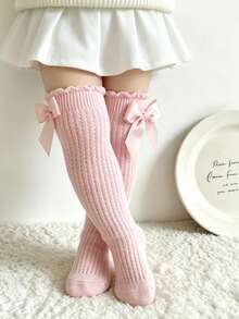 1 Pair Girls' Mesh Bow Knee High Socks, Breathable Non-Sweating Calf Length Socks - Baby Pink - View 6