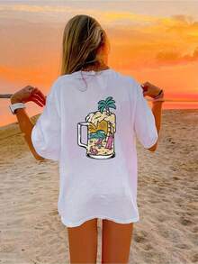 Camiseta de manga corta con estampado de jarra de cerveza tropical para mujer - Corte relajado, cuello redondo, top casual con estampado de palmeras y conchas marinas, camiseta blanca transp - Blanco - Ver 2