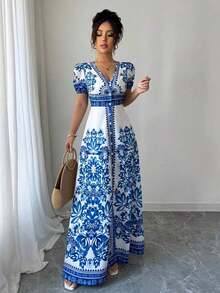 Nuevo diseño de vestido midi elegante con estampado floral posicionado, escote en V, mangas abullonadas y cintura ceñida, en un estilo sofisticado y favorecedor al Body con inspiración del Medio Oriente, en colores azul y blanco tejidos - Naranja - Ver 10