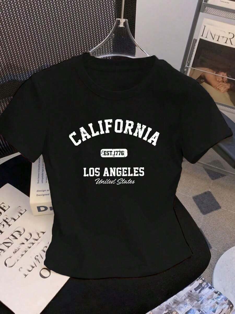 Camiseta Holgada de Mujer con Estampado de California - Diseño Vintage 1776 Los Ángeles, Tela Suave y Elástica, Cuello Redondo, Manga Corta, Lavable a Máquina, Estilo Casual de Verano, Elasticidad Media, Estilo Cómodo, 100% Algodón - Negro - Ver 1