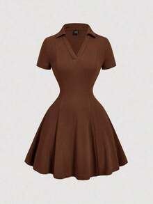 Vestido mini de punto con cuello de volantes en caqui vintage - Estilo preppy, años 70, informal, cómodo, para ir y venir, estética de dinero antiguo, perfecto para atuendos escolares, atuendos de enseñanza y ropa de oficina - Marrón - Ver 1