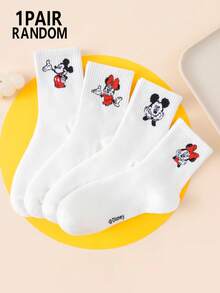 Disney 1/4/8 双装男女通用中筒袜 - 迪士尼米奇和米妮卡通可爱手捂脸图案简约白色设计 - 适合日常休闲穿着，四季皆宜 - 彩色 - 查看 16