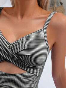 Traje de baño de una pieza sexy para mujer con rayas, escote delantero hueco y cordones en la espalda, para el verano - Negro 2 - Ver 3