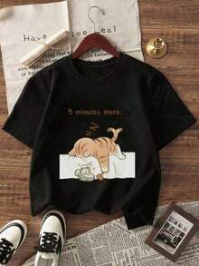Women's Casual And Versatile Crew Neck T-Shirt, Printed With A Relaxed Orange Cat And Lettering Pattern. Suitable For Spring, Summer And Autumn. - Black - View 4