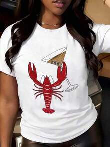 Women's Clothing Women's Lobster And Martini Cocktail Graphic T-Shirt - Fun Summer Party T-Shirt With Red Lobster And Cocktail Design, Casual White T-Shirt For Beach, BBQ Or Festive Occasions - 白色 - 查看 1